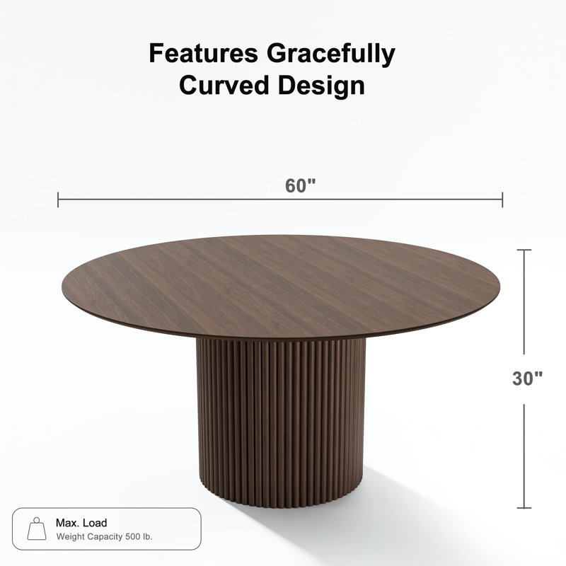 Solid Wood Dining Table Round Pedestal Kitchen Table, Walnut, 30”H x 60”L x 60”W