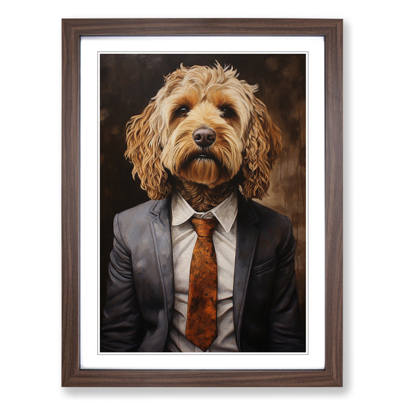 Cockapoo In A Suit Painting No.4 - Single Picture Frame Print on Wood, 34cm H x 25cm W x 2cm D, Walnut Framed