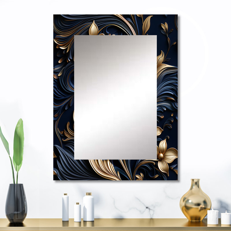 Opulent Allure Deep Navy - grand miroir damassé, miroir mural décoratif Boho, impression d'art en métal, 32 po x 24 po