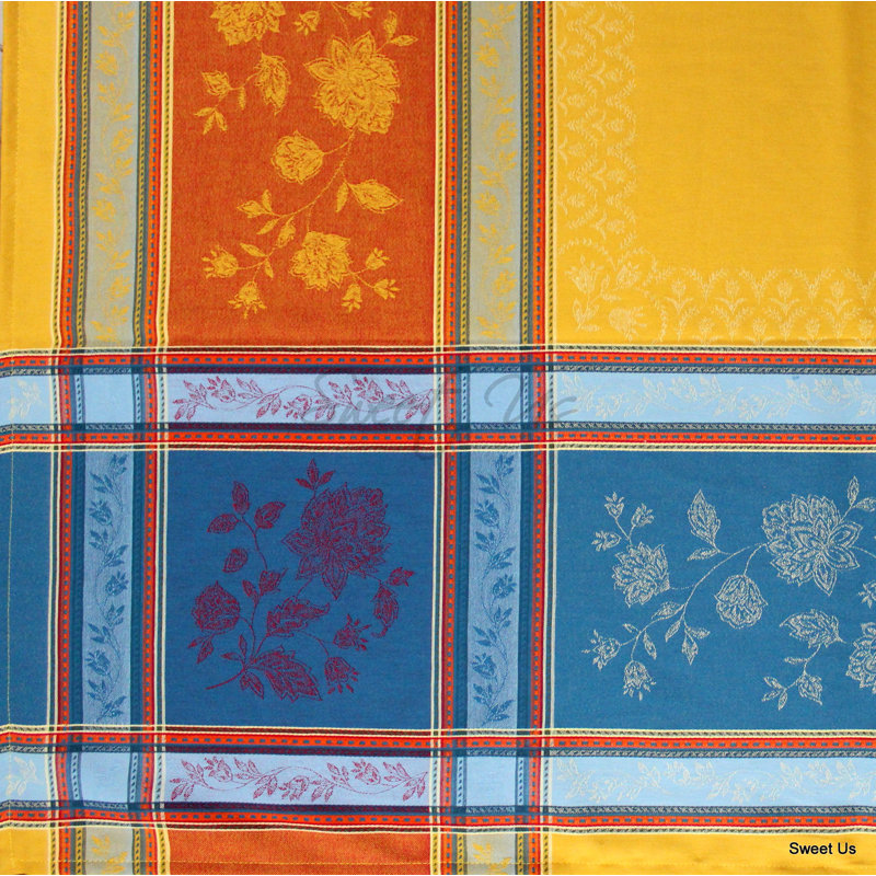 Wipeable Stain Resistant Polytetrafluoroethylene Coated French Provencal Jacquard Cotton Floral Tablecloth, 98" L x 62" W