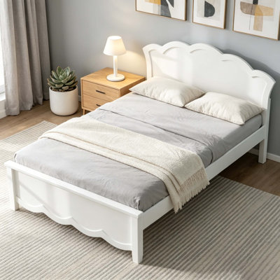 Full Size Wood Platform Bed with Scalloped Headboard, White Solid Wood Bed Frame, No Box Spring Needed, 600lbs Capacity for Kids/Adults