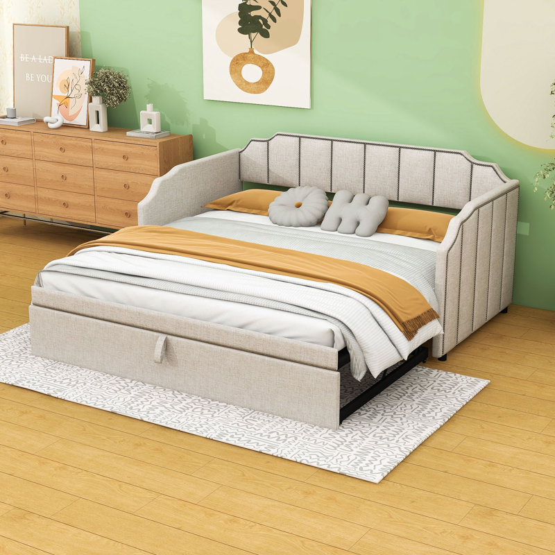 Lit de jour simple rembourré avec couchette, ports USB et lattes, Beige