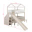 Lit superposé en bois en forme de maison avec glissière et escalier de rangement, lit superposé peu encombrant avec tablettes intégrées et garde-corps-352139156
