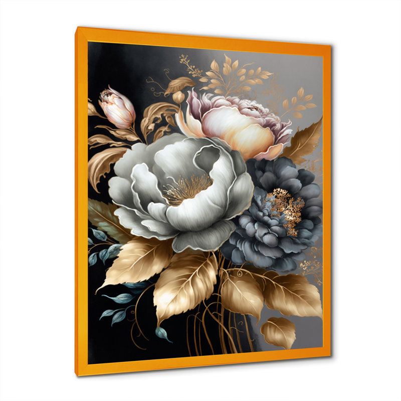 Bouquet de fleurs bleues V - Impression sur toile, Cadre photo doré, H 32 po x l 16 po x P 1 po