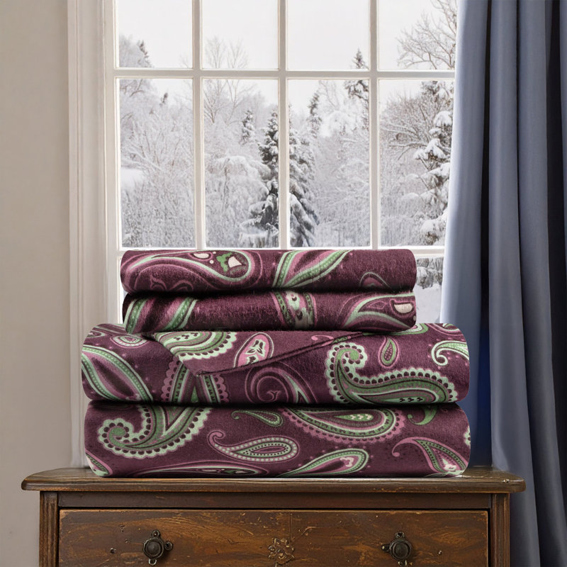 Blue Nile Mills Paisley 100% Cotton Flannel Deep Pocket Sheet Set, Queen Sheet Set with 2 Pillowcases, Purple