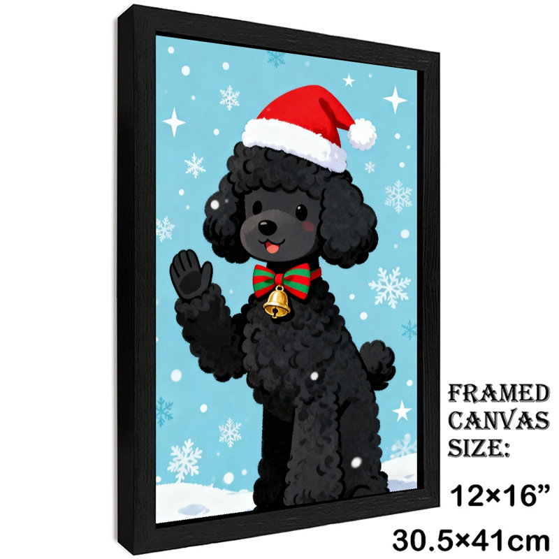 Art encadré noir rétro Un joli caniche noir coiffé d'un chapeau de Noël et d'une cravate des Fêtes, impressions sur toile de style rétro