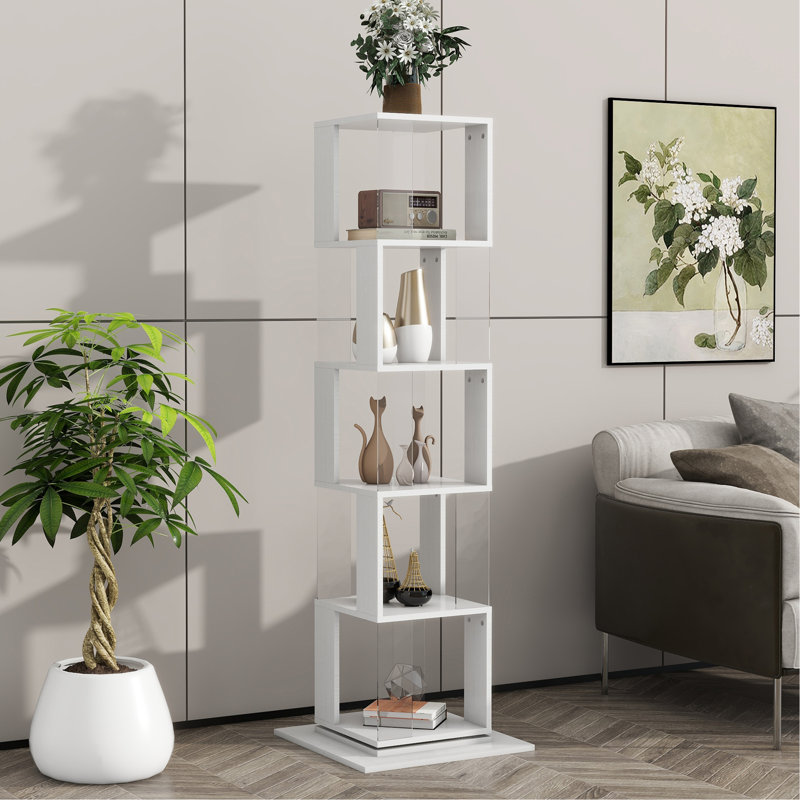 Bibliothèque rotative à 5 niveaux, bibliothèque simple avec plaque en acrylique, Blanc