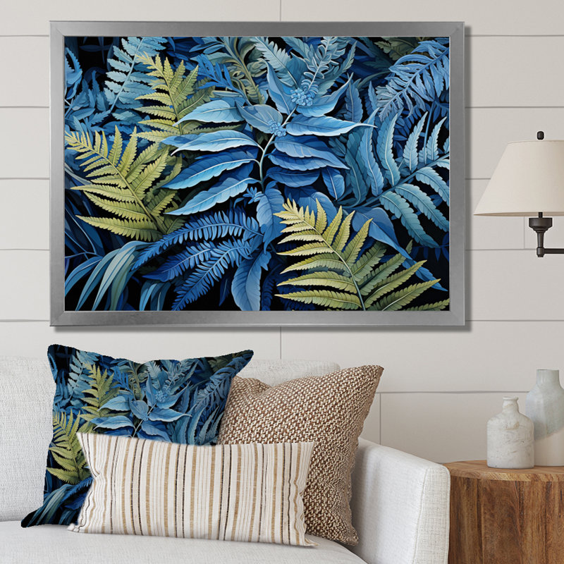 " Blue Ferns Cobalt Serenade II ", Silver Single Picture Framed, 16" H x 32" W x 1" D