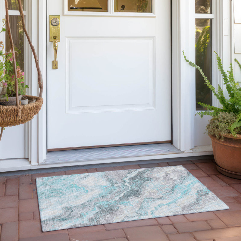 Machine Washable Indoor/Outdoor Cinead ACN1709 Teal Rug, Rectangle 1'8" x 2'6"