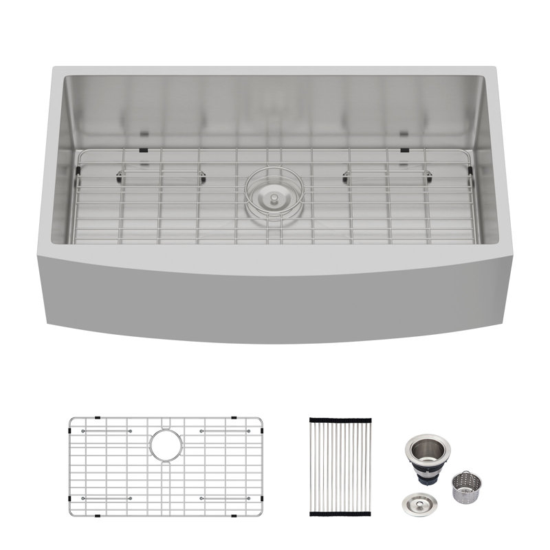 Single Bowl Stainless Steel Farmhouse/Apron Kitchen Sink with Sink Grid and Basket Strainer, 9"H x 33"W x 20"D, Silver
