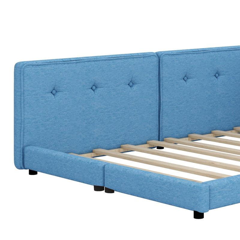 Lit plateforme tapissier avec ports USB intégrés, Bleu, Grand lit