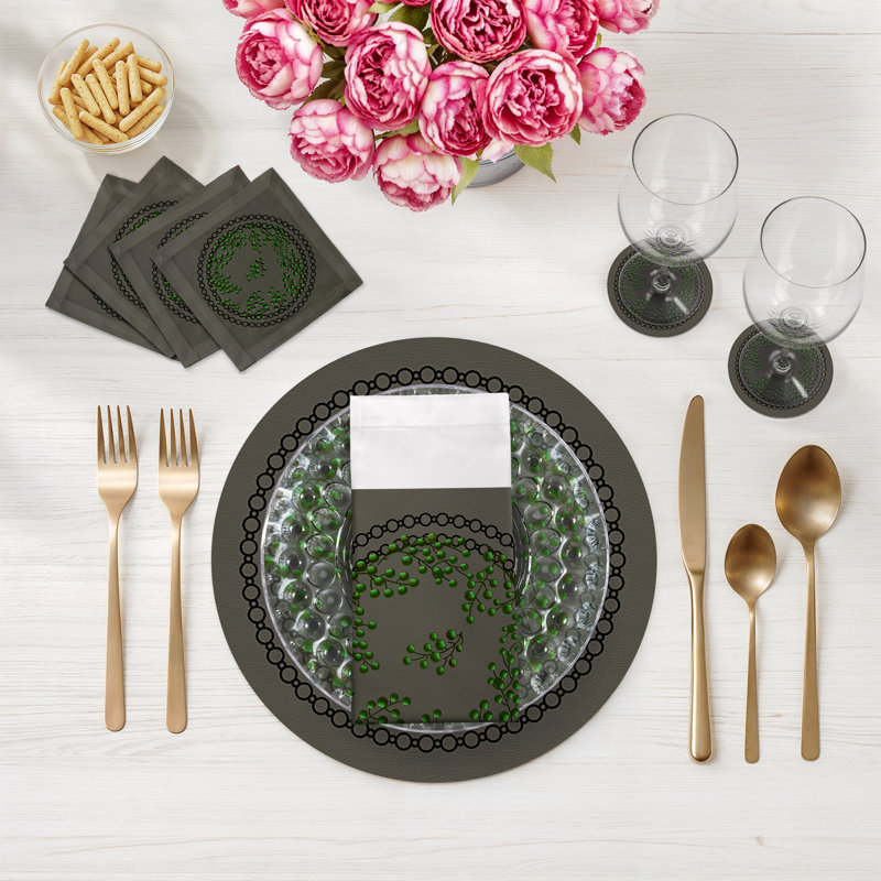 Christmas Berries Vegan Leather Round Pebble Placemat, Anthracite Green