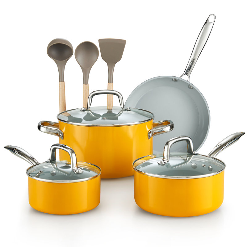Ensemble de batterie de cuisine antiadhésive, casseroles et poêles avec couvercles en verre et poignées confortables Cook N Home Classic, compatible avec induction, 10 pièces, jaune