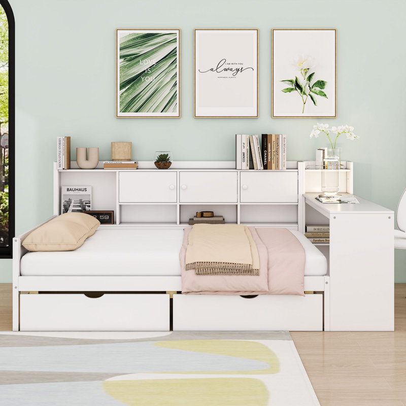 Lit de jour en bois avec tiroirs de rangement et bureau d'étude réglable, Lit double, Blanc