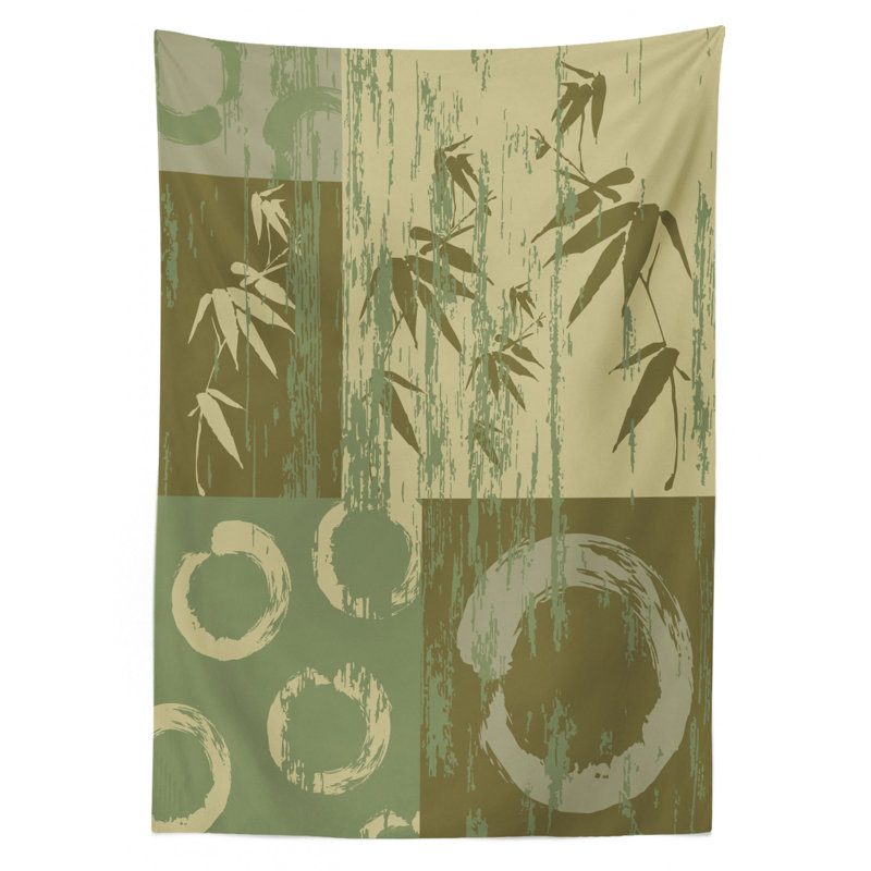 Circle And Bamboo Silhouette Over Vintage Color Oriental Eastern Patchwork Art Print Tablecloth, 90" x 60"