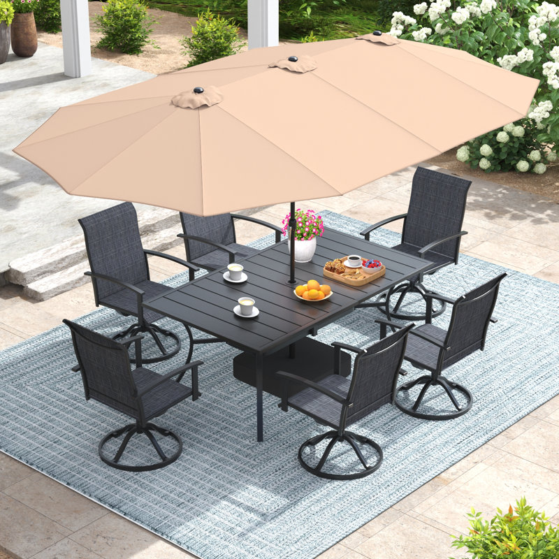 6-Person Rectangular Patio Dining Set With Umbrella & Textilene Swivel Chairs, Black/Beige