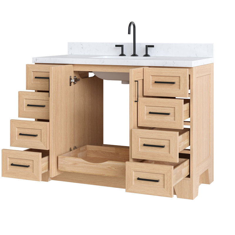 Freitas 48'' Solid Wood Single Bathroom Vanity, Rectangle, Natural Oak, Carrara Quartz
