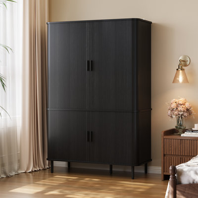 71"H × 47"W Armoire Wardrobe with Tambour Sliding Doors, Drawers and Adjustable Shelf,  Mid-Century Armoire with Hanging Rod