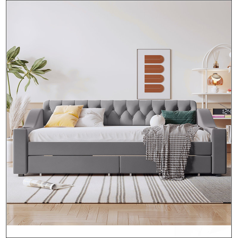Lit de jour rembourré avec rangement, accoudoirs et port USB pour un confort moderne, Gris