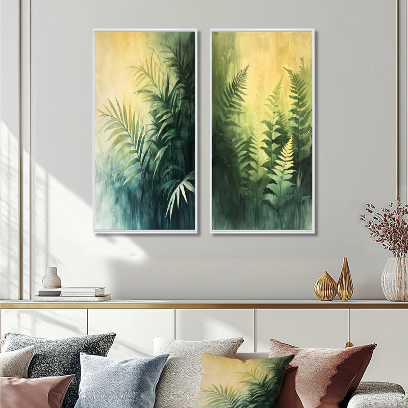 Fougères fougères dans des pastels verts impressionnistes I - Collection d'art mural floral 2 panneaux, H 28 po x l 25 po