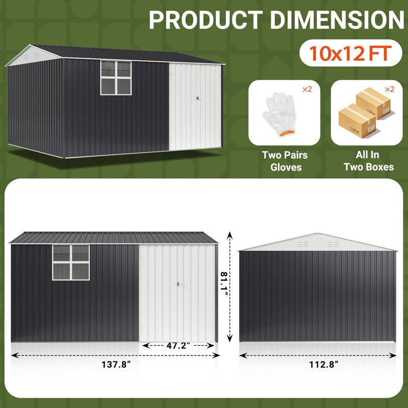 12 ft. W x 10 ft. D Outdoor Metal Storage Shed with Windows, Reinforced Steel Frame and Lockable Doors, 12 Ft. W x 10 Ft. D