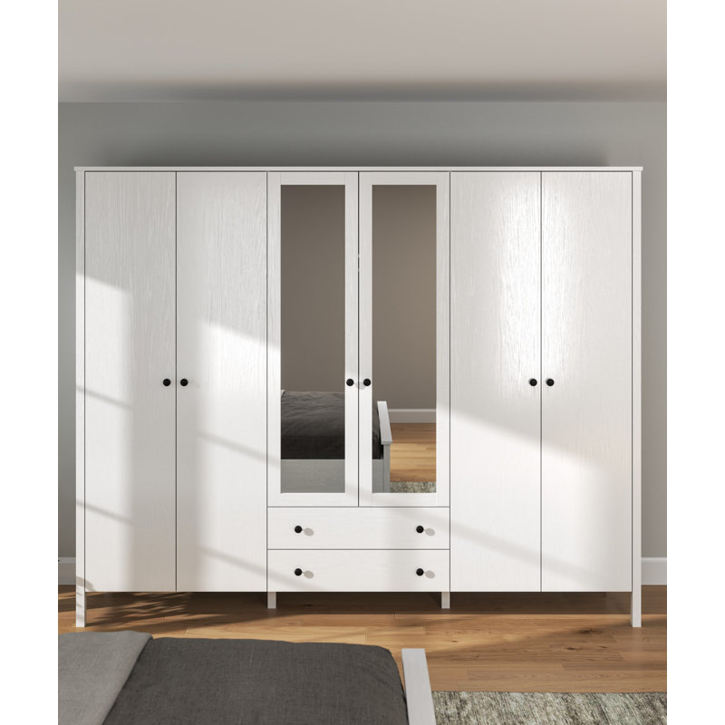 Modern Scandinavian Wardrobe, 79.0 x 76.8 x 22.4 inches | 100% Melamine Coated Particle Board, 0.7 inches Thick | Durable MDF Profile Legs, Metal Handles, Numerous Shelves, Wall-Mountable, Elegant Design in White & Wood Color