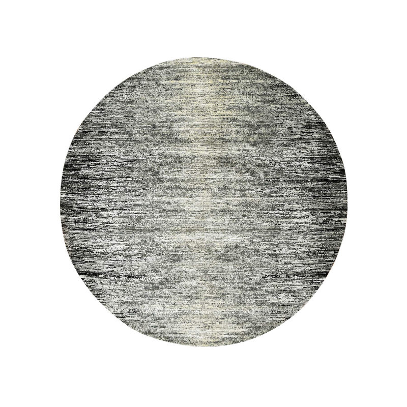 Tapis rond noir en laine et soie noué à la main 10 pi x 10 pi Striae Design