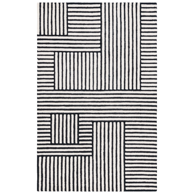 Elsbeth Geometric Hand Tufted Wool/Cotton Area Rug in Ivory/Black, Rectangle 6' x 9'