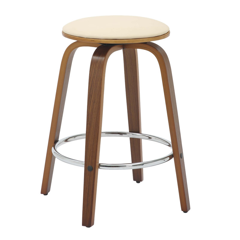 Hoxha Leather Round Counter Stool With Stained Poplar Wood Frame And 360-Degree Swivel Hoxha Collection, Cream/Walnut