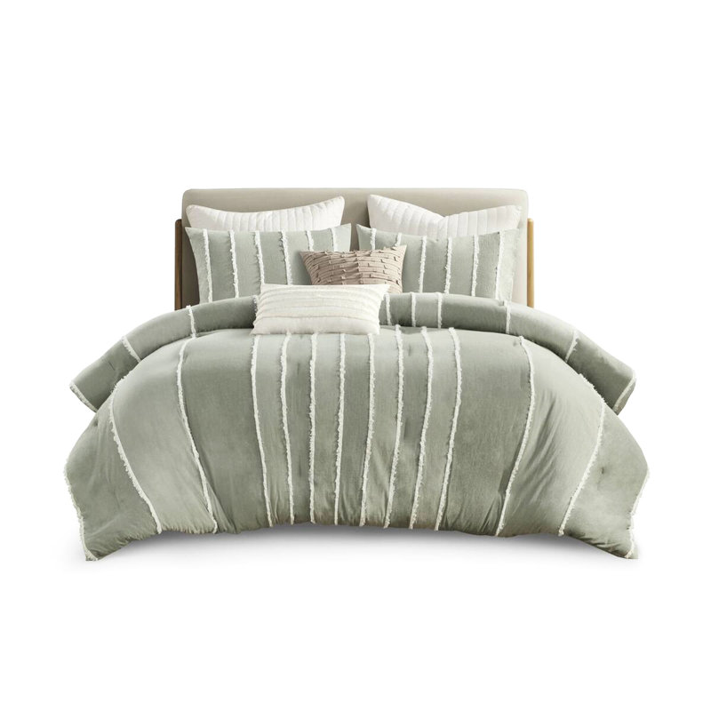 Édredon 3 pièces en sauge - Double / Grand rembourrage 100% coton rayé avec garniture de literie lavable