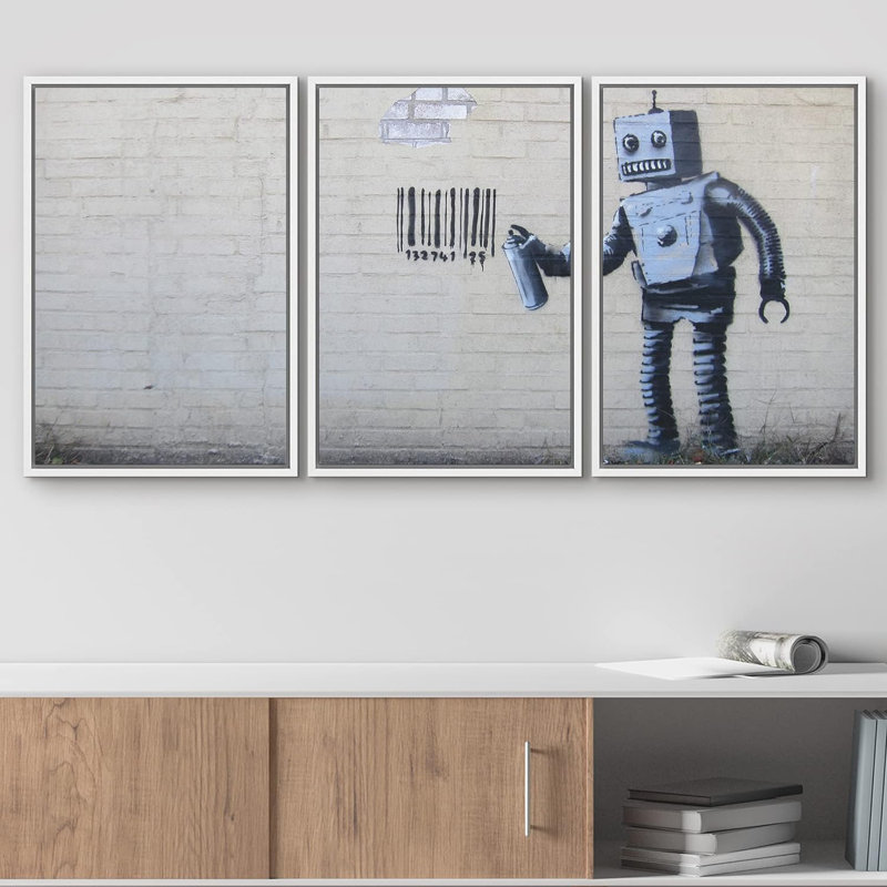«Robot Graffiti Banksy in Street», reproduction d'art sur toile tendue, H 24 po x l 48 po, Cadre flottant blanc