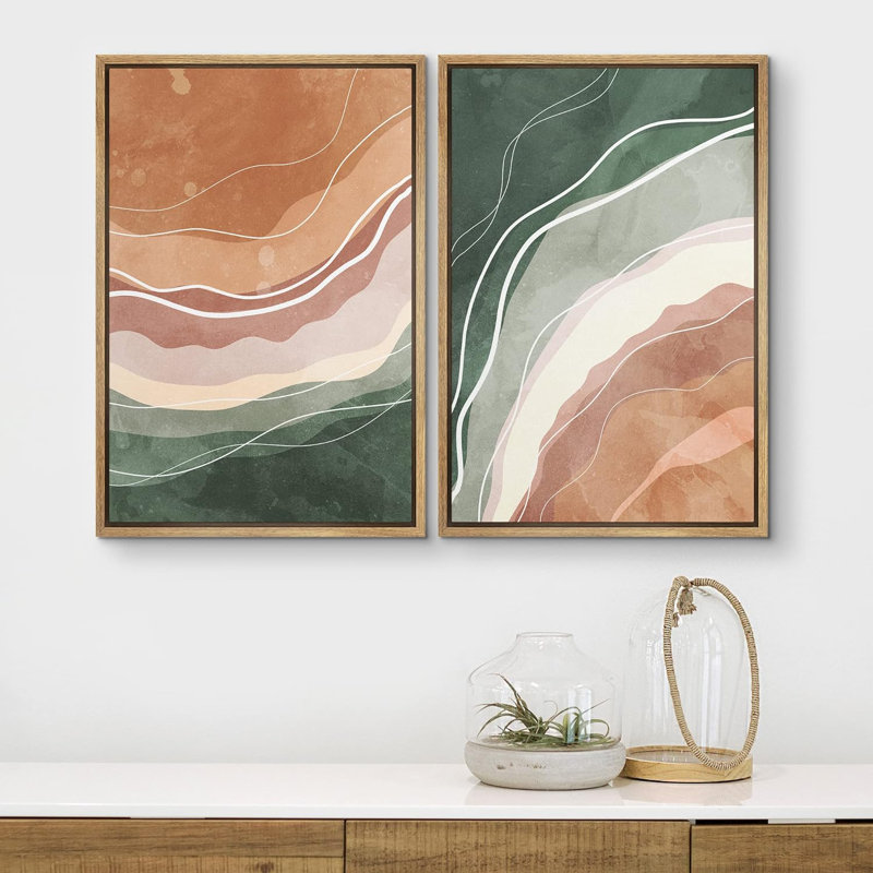 «Green and Brown Watercolor Color Waves Abstract Shapes Modern Chic on Canvas», reproduction de 2 pièces