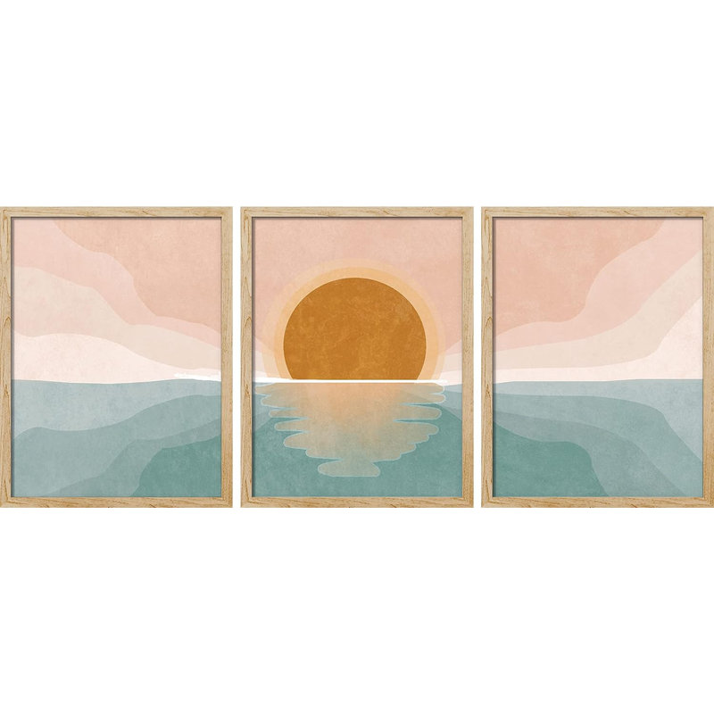 Coastal Beach Minimal Sunset Pastel Ocean Sun Nature Wall Art For Living Room, encadré, 3 pièces, Naturel