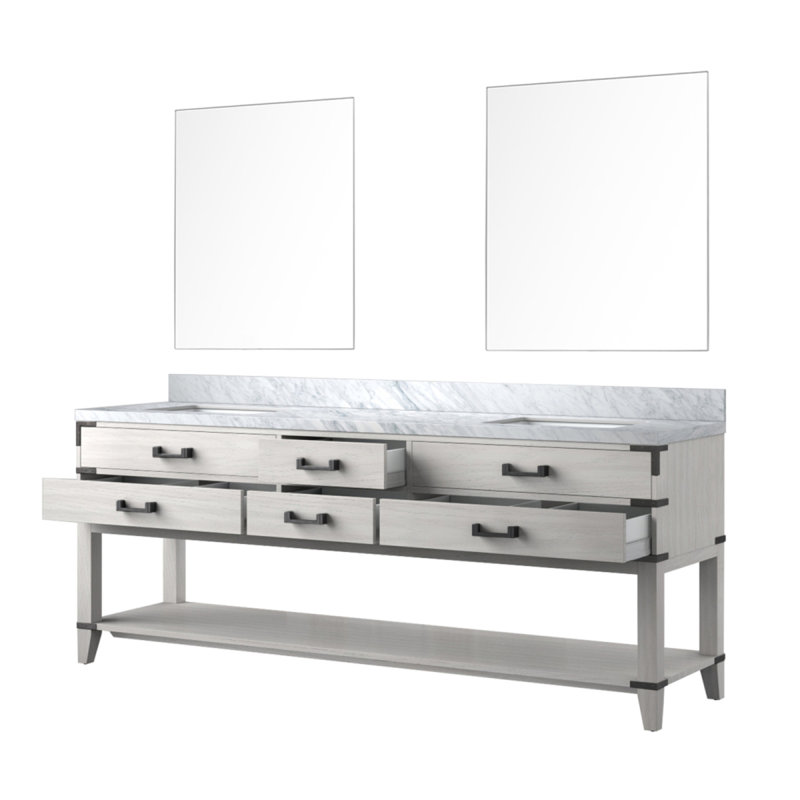 Meuble-lavabo double en chêne blanc l 84 po x P 22 po, comptoir en marbre de Carrare et miroirs 36 po