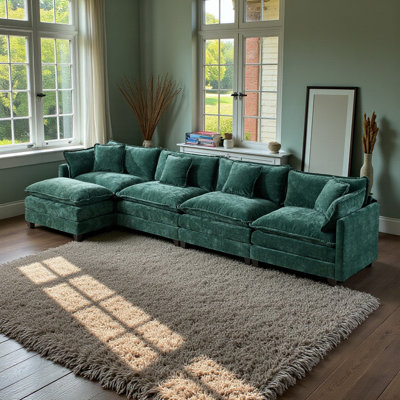 Canapé en chenille l 150 po avec repose-pieds Genèveve, 6 coussins et coussins en mousse compressée Geneveve