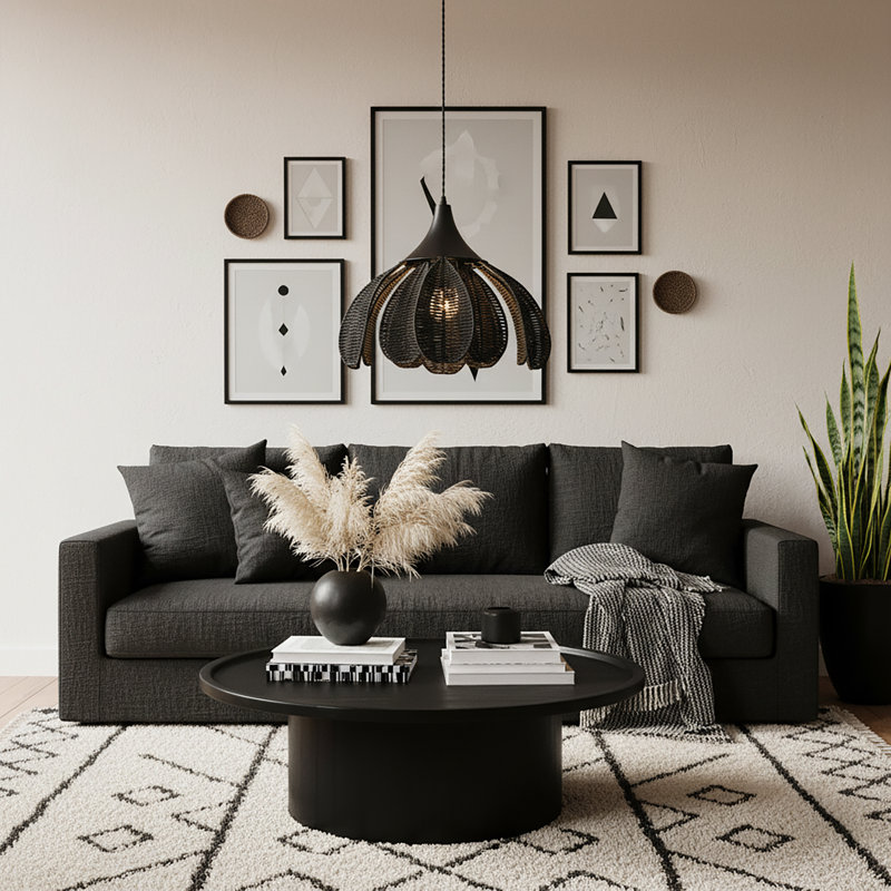 Luminaire suspendu floral chanvre en rotin 1 lumière Kamala - Boho côtier moderne - tissé à la main, Noir mat