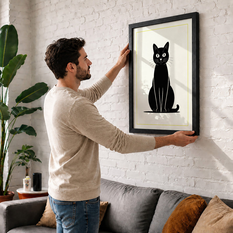 Black Cat Minimalist - Framed Print, Unframed, A4 - 29.7 x 21.0 cm