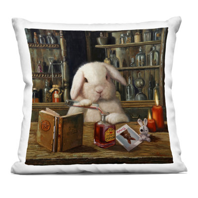Coussin décoratif imprimé Bunny Crafting Love Potion, par Lucia Heffernan