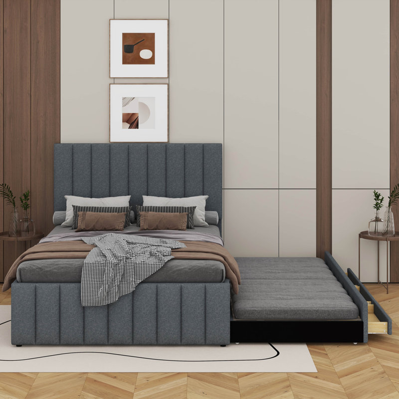 Full Size Upholstered Platform Bed With Trundle And Drawers, Grey