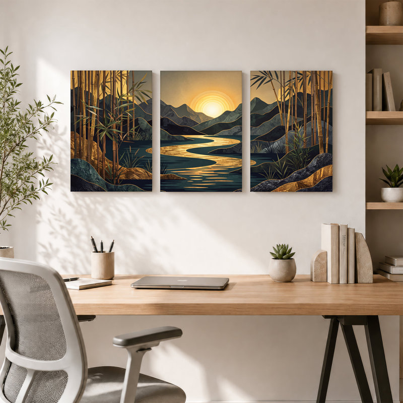 «Bamboo Forest River Mountains Golden Sunset», ensemble de 3 toiles murales, H 24 po x l 16 po x 3 pièces