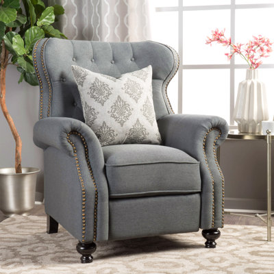 Fauteuil inclinable manuel moderne avec accoudoirs roulés, garniture cloutée, pieds en bois d'hévéa brun foncé pour le salon, la chambre à coucher et le cinéma maison