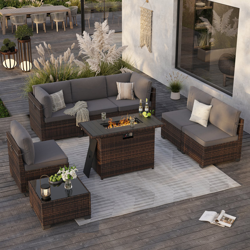 6 Person Outdoor Wicker Furniture Set, Gray