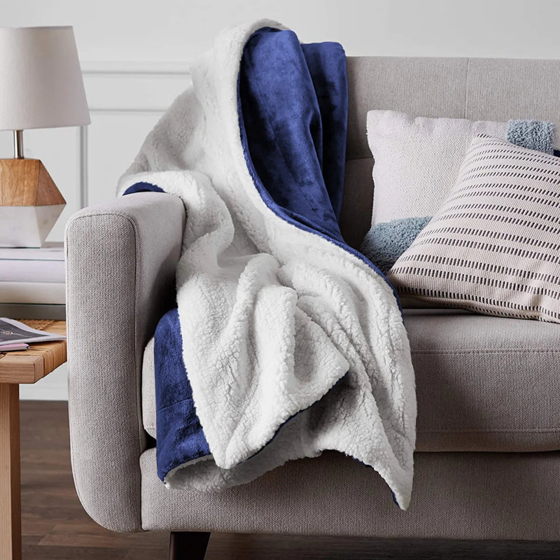 Super Soft Sherpa Fleece Fur Thick Dual Sided Flannel Reversible Blanket Throw, Navy, Single 130cm x 150cm