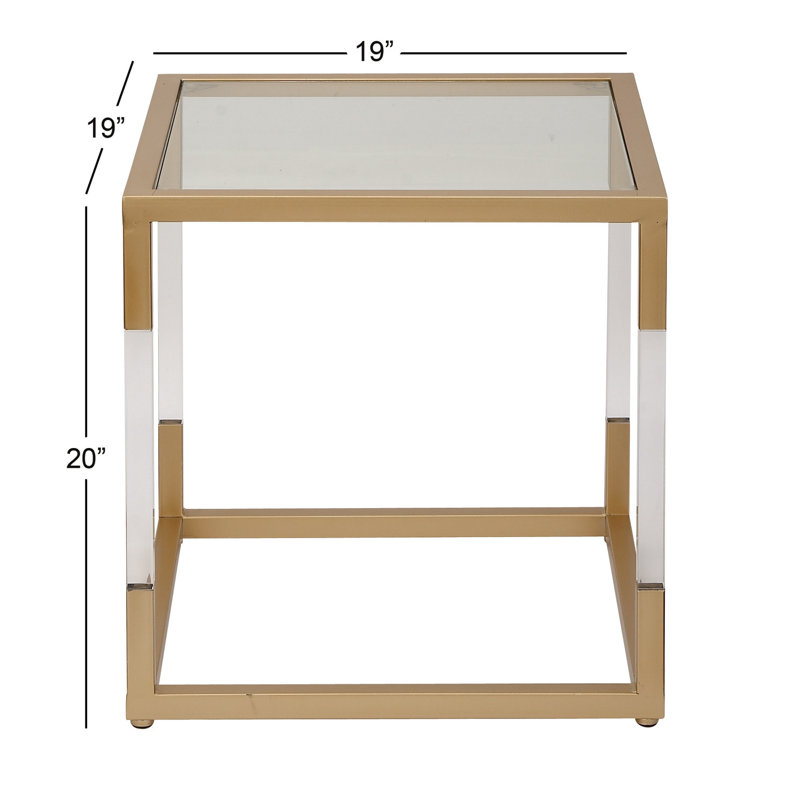 Gold Metal and Clear Glass Square End Table with Acrylic Legs