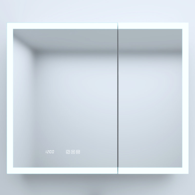 36 po Armoire à pharmacie en aluminium argenté avec miroir, DEL, horloge, conception biseautée, tablettes à haute densité de brouillard d'eau