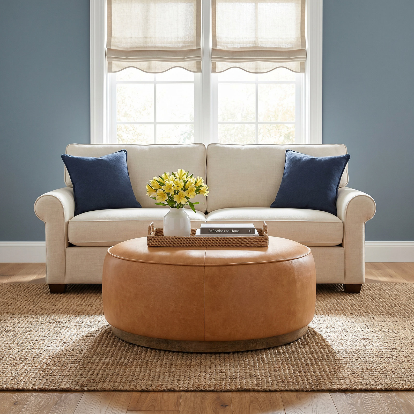 Clarksdale Upholstered Ottoman, Palermo Butterscotch Genuine Leather, Distressed Natural