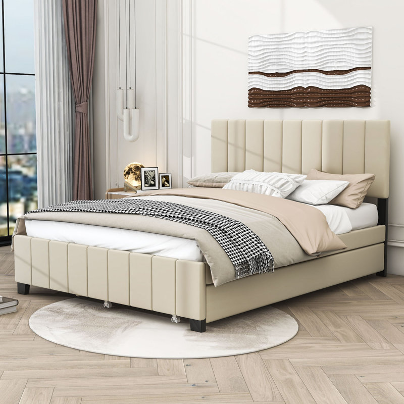 Lit avec rangement en tissu d'ameublement Makeyla, Beige