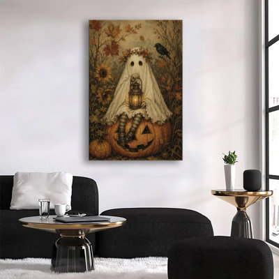 Enfant fantôme couronné de feuilles d'érable assis sur une citrouille tenant une lanterne, peinture à l'huile vintage sur toile pour décoration d'automne, idéal pour l'Halloween