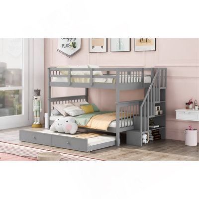 Stairway Full-Over-Full Bunk Bed With Twin Size Trundle, Storage And Guard Rail For Bedroom, Dorm