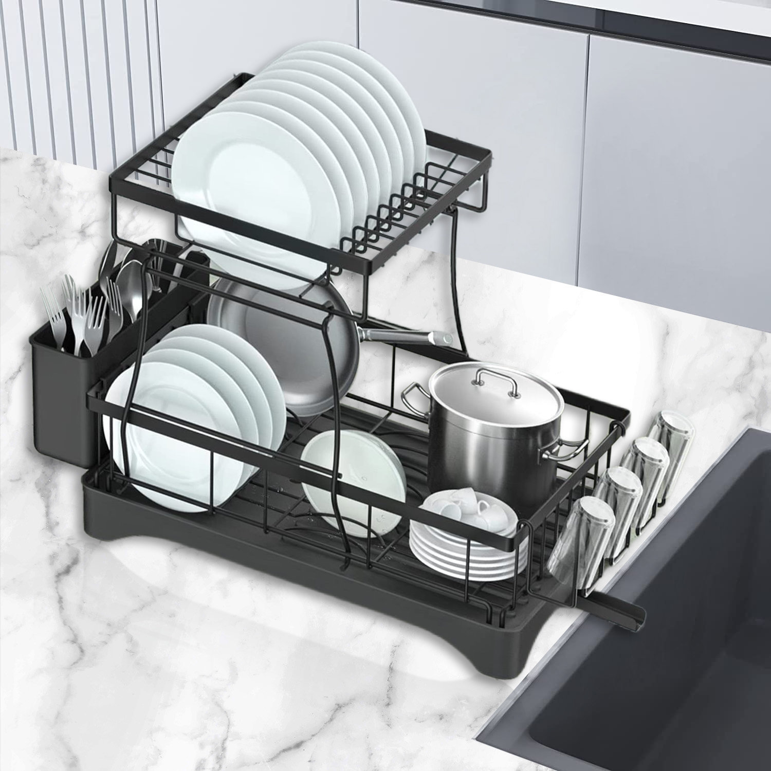 Kingrack Dish Drying Rack,2-Tier Dish Rack and Drainboard Set with